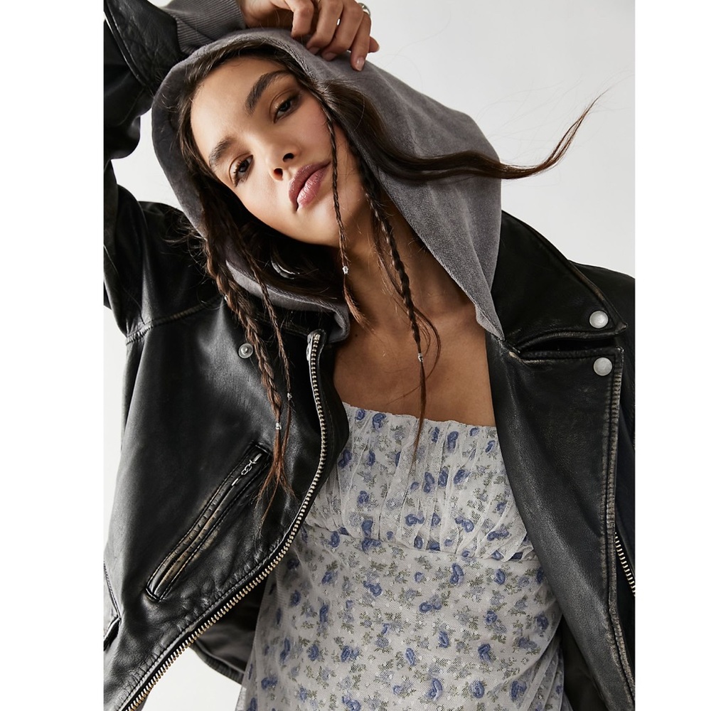 Harrist hooded Vegan Leather Moto Jacket in Black